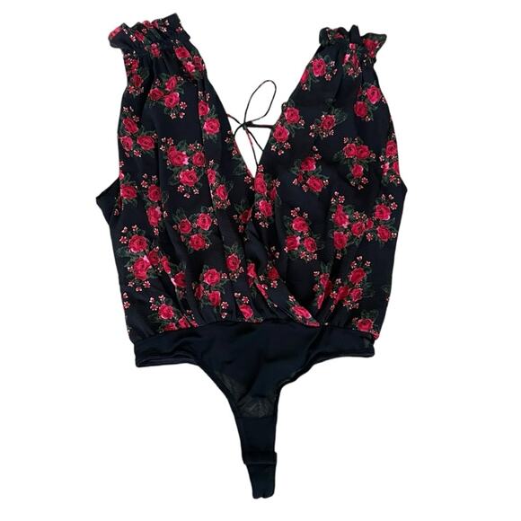 Intimately Free People Women’s Bare It All Black Sleeveless Pink Floral Bodysuit - Picture 1 of 9